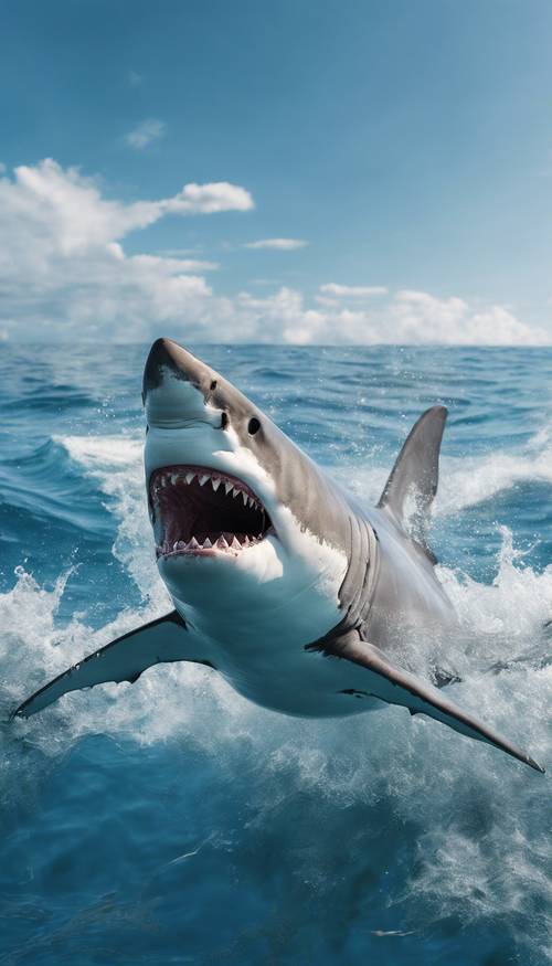 Un grand requin blanc fier et majestueux nageant dans l’océan bleu clair pendant la journée.