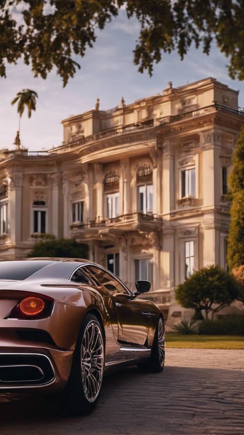 A luxury car parked in front of a grand mansion at sunset.