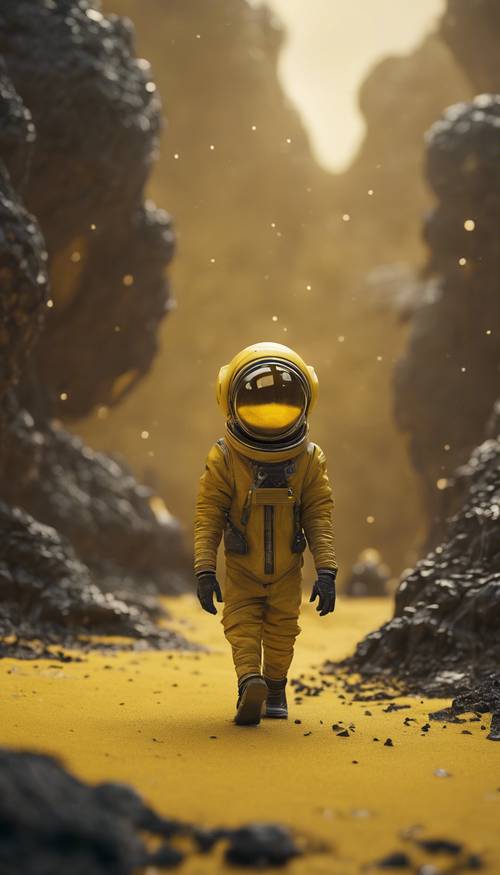 알려지지 않은 노란색 우주 행성 위를 걷고 있는 노란색 외계인.