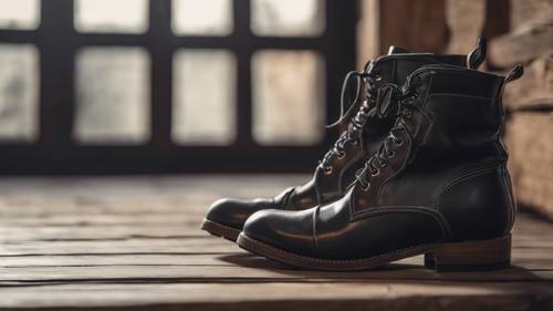 Black leather boots resting on a wooden floor.