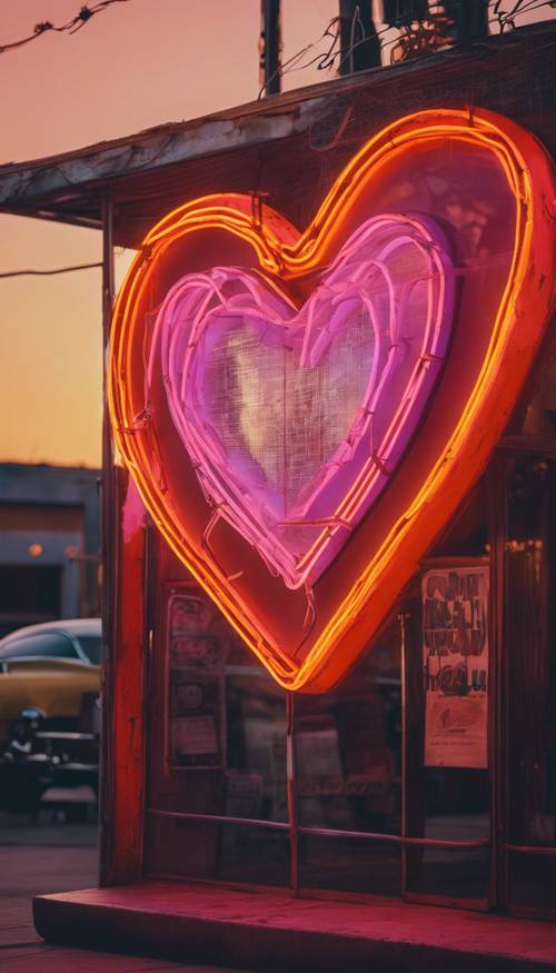 一颗复古的心形霓虹灯在 70 年代日落的色彩中闪闪发光。