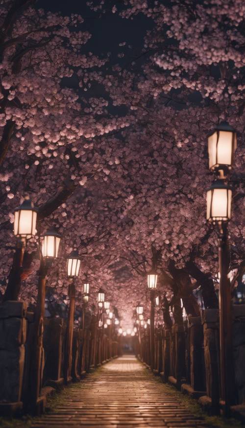夜晚，灯笼照亮的道路两旁是盛开的深色樱花树。