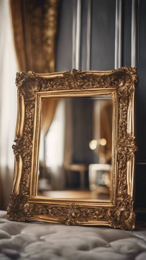 إطار ذهبي عتيق يحتوي على مرآة تعكس غرفة أنيقة