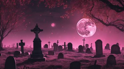 Ein rosa Vollmond erleuchtet in der Halloween-Nacht einen Friedhof voller alter Grabsteine.
