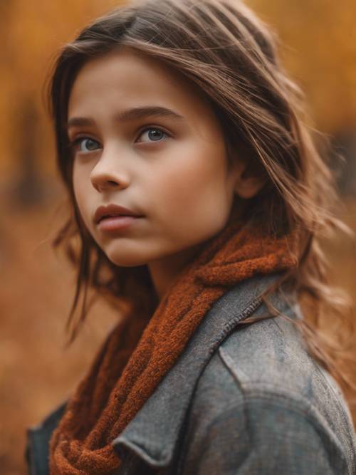 Ein Mädchen mit dunkelbraunen Augen, das vor einem herbstlichen Hintergrund in die Ferne blickt.