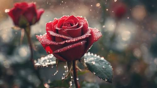 A single red rose covered in dew drops Tapet [5f52825e51fa4226bde4]