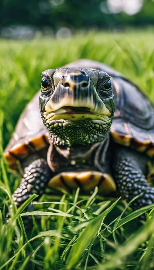 一隻戴著學院條紋領結的烏龜在甘美的綠草中擺姿勢。
