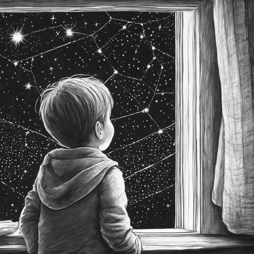 Boceto a lápiz en blanco y negro de un niño mirando el cielo nocturno guiado por las constelaciones desde una ventana.