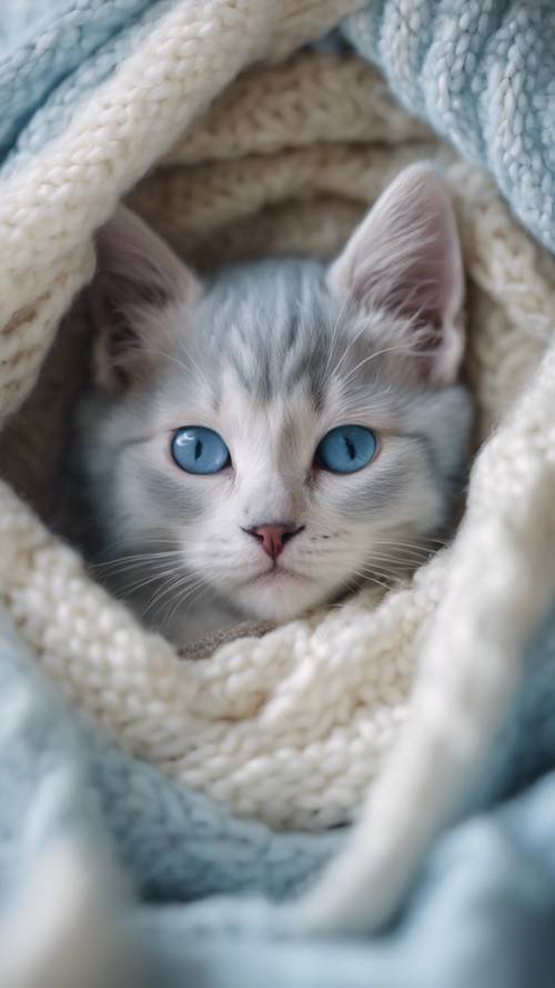 Seekor anak kucing berwarna biru pastel terbungkus rapi dalam selimut rajutan gading yang nyaman.