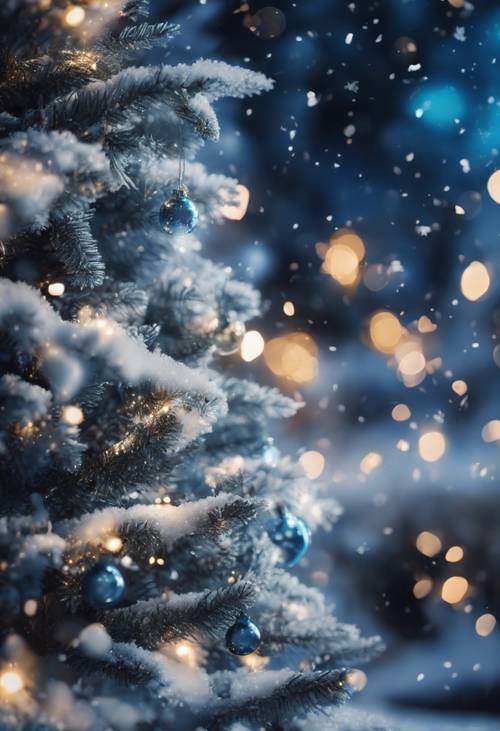 A snowy Christmas scene with a festive tree gleaming with blue and white lights.