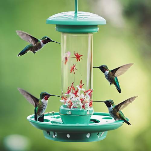 Tatlı nektarla dolu pastel yeşil bir besleyicinin etrafında kanat çırpan birkaç güzel sinek kuşu.