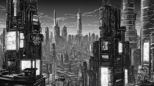 Eine mit Wolkenkratzern gefüllte Cyberpunk-Stadtlandschaft in kontrastreichem Schwarzweiß.