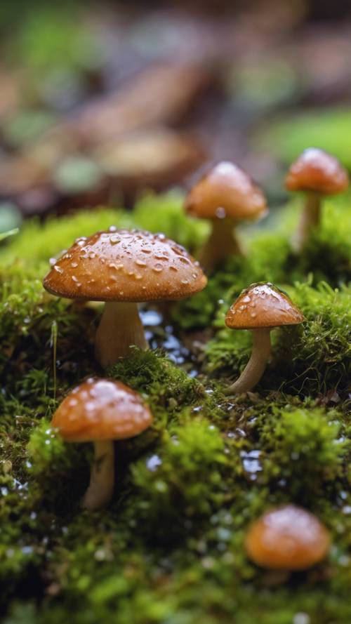 Tiny, adorable mushrooms poking out from a carpet of vibrant green moss, right after a refreshing rain shower.