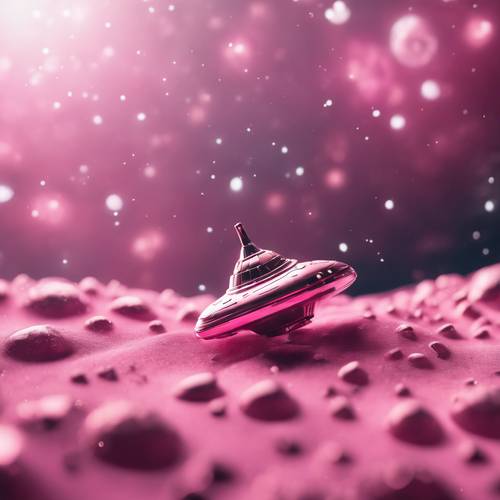 A pink metallic spaceship exploring the vastness of outer space.