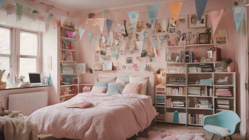 A preppy-style bedroom with pastel colors, lots of books, and vintage school pennants decorating the walls.
