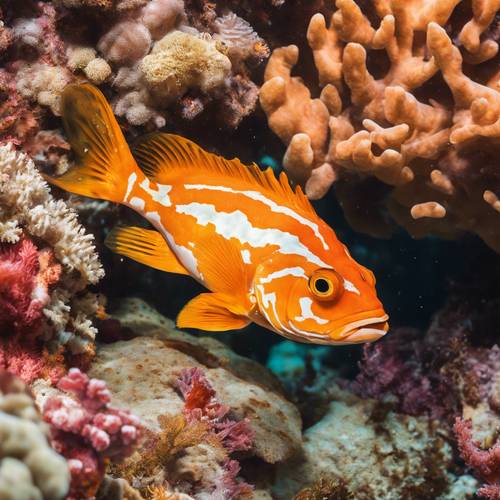 A bright orange rockfish perfectly camouflaged against a coral reef.