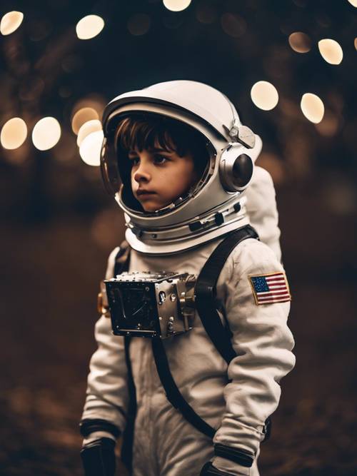 Крутой мальчик, одетый в форму космонавта, смотрит на звезды в ночном небе.