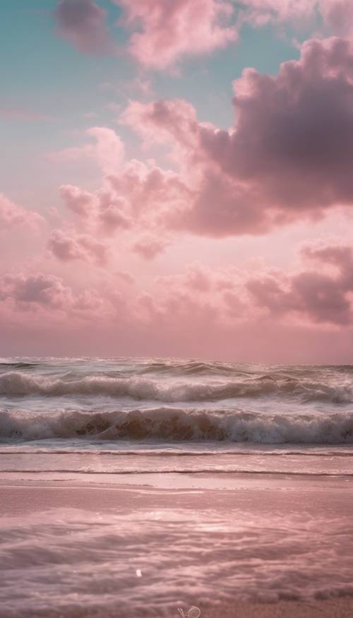 Uma cena tranquila de praia com ondas batendo na costa e um céu de algodão doce ao fundo.