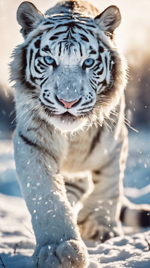 Illustration of a fierce white tiger lunging forward, teeth bared in a snowy environment.