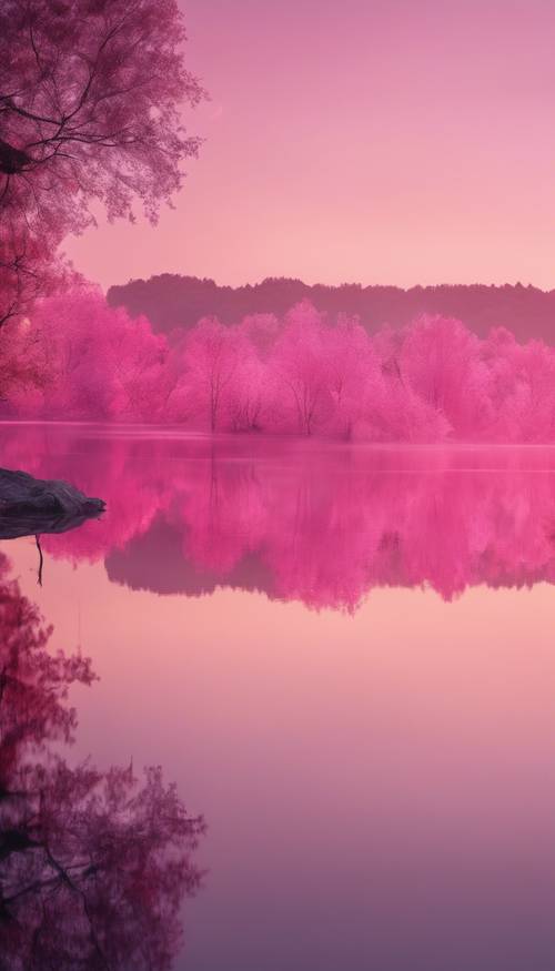 황혼녘 고요한 호수의 상쾌한 표면에 분홍색 불이 반사되었습니다.