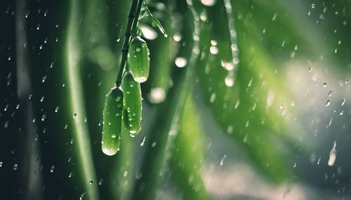 Un tallo de bambú verde, cargado de gotas de lluvia después de una lluvia ligera.