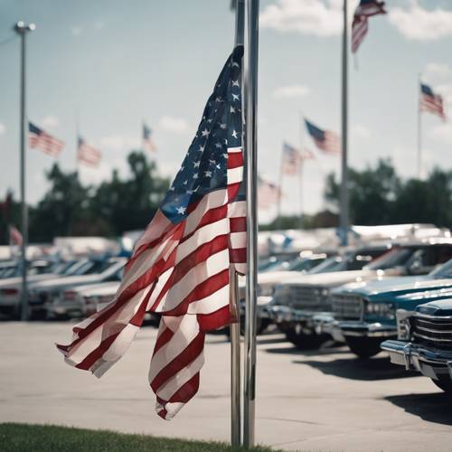 Una mezcla de banderas estadounidenses ondeando al viento en un concesionario de automóviles.