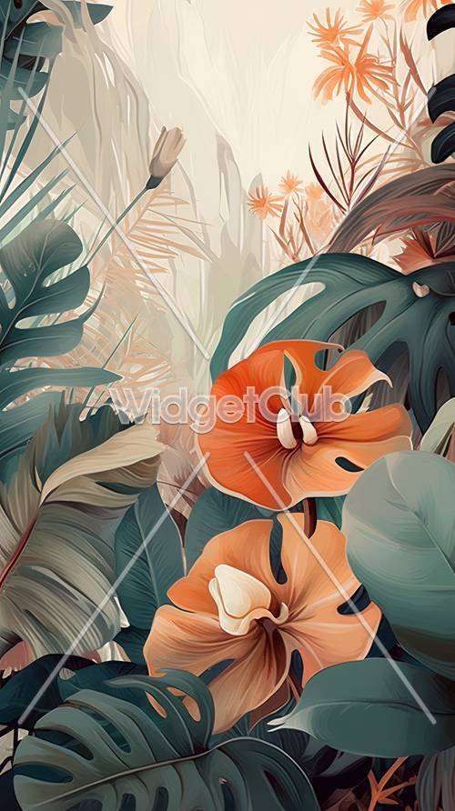 Tropical Leaves and Flowers Art Background