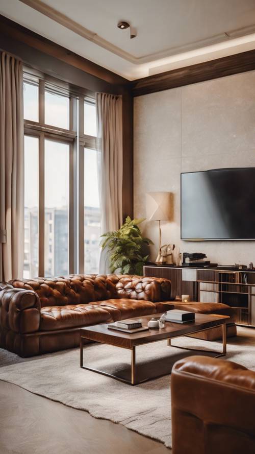 A comfortable living room with warm brown leather furniture
