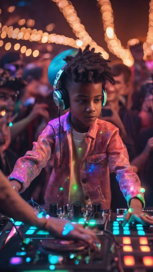 A hip and cool young boy DJing at an electrifying party with colourful lights and energetic crowd.