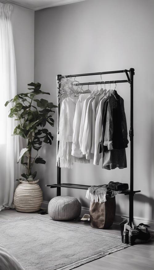 Boho-style clothing rack in a chic bedroom, with a black and white theme. Tapet [5b4a37b429ce4f32a37d]