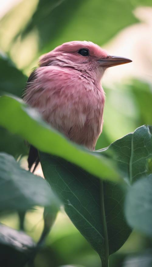 Un pequeño pájaro rosado durmiendo bajo la sombra de una hoja verde.