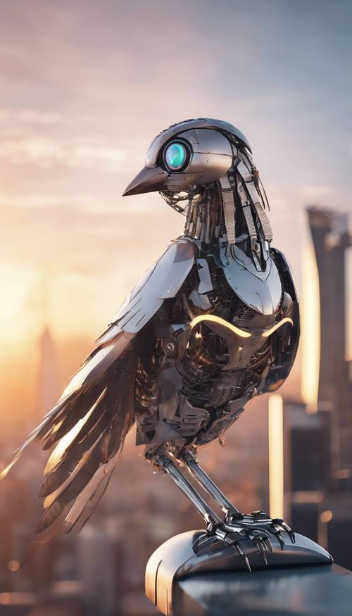 Burung robot ultramodern yang ramping dengan bulu baja berkilau, bertengger di gedung pencakar langit kota futuristik saat matahari terbenam.
