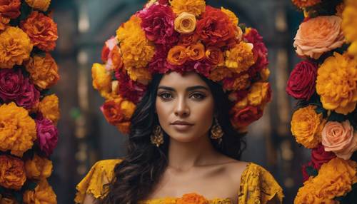 Hiasan kepala bermotif bunga Meksiko yang terbuat dari bunga marigold dan mawar yang berkilauan, warna-warna berani terpantul pada rambut gelap pemakainya.
