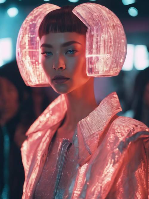 Un desfile de moda al estilo Y2K, con modelos luciendo atuendos futuristas que brillan bajo luces láser.