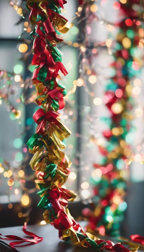 Colorful paper chains strung across a room filled with tinsel, holly branches, and shiny baubles.