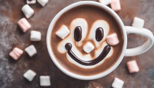 Una vista dall&#39;alto di una tazza di cioccolata calda, con marshmallow che formano una faccina sorridente.