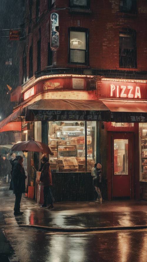 A pizza store in New York City bustling with customers on a rainy night.
