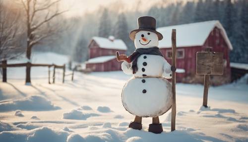 Un giocoso pupazzo di neve di campagna con un cartello in legno che accoglie i visitatori in un&#39;accogliente fattoria coperta di neve.