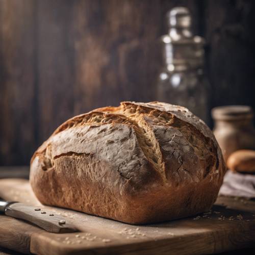 A freshly baked loaf of dark beige sourdough bread sitting on a rustic wooden cutting board.