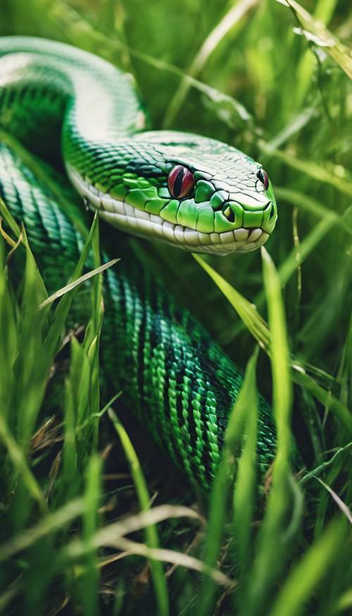 Uma cobra verde esmeralda com sua língua bifurcada estendida, rastejando pela grama alta