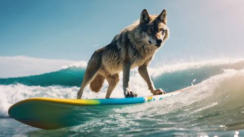 这是一个奇妙的画面，描绘的是明媚的夏日里，一只戴着太阳镜的酷狼站在冲浪板上，乘着完美的海浪。