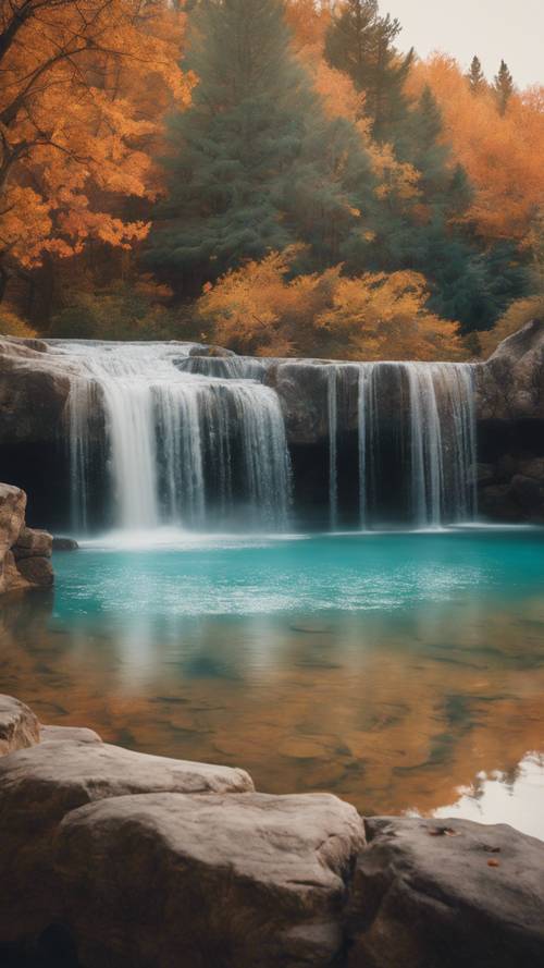 Uspokajający, przypominający sen obraz przedstawiający spokojny wodospad wpadający kaskadą do turkusowego basenu, otoczony pierścieniem drzew w jesiennych kolorach.