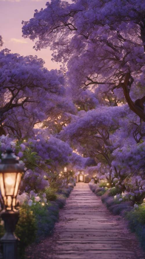 A peaceful Victorian-style garden filled with blooming jacaranda trees under a twilight sky.