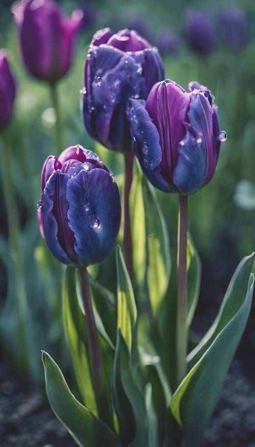 Diversi boccioli di tulipano indaco si preparano ad aprirsi in un giardino.