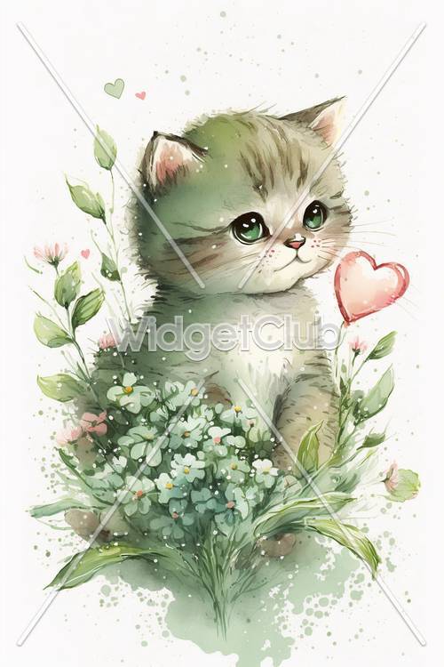 Cute Kitten with Heart and Flowers