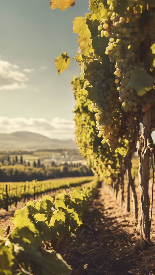 Un agradable horizonte rural de una ciudad vitivinícola madura con cosecha bajo un cielo soleado.