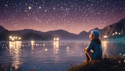 A tranquil scene with a cute Aquarius elf under a starlit night sky.