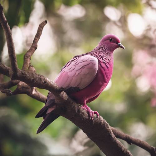 독특한 짙은 분홍색 깃털에 초점을 맞춘 나뭇가지에 자리잡은 모리셔스 분홍색 비둘기.
