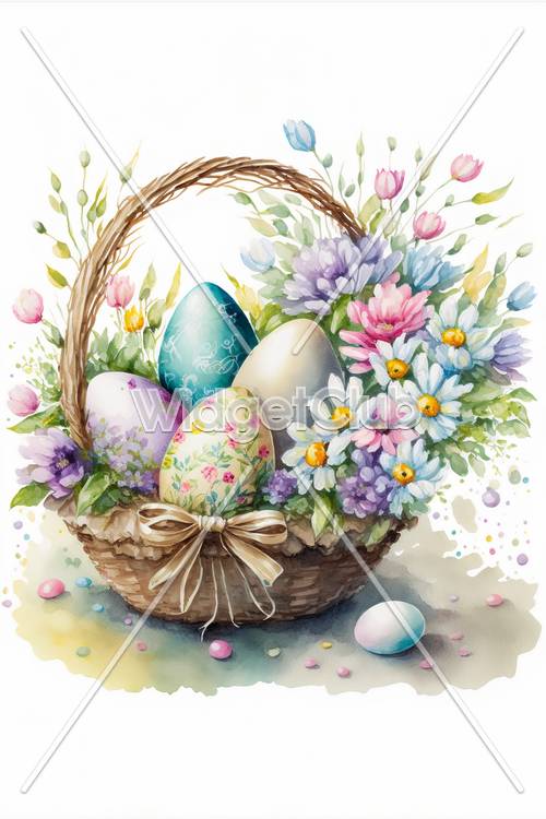 Cesta de Páscoa colorida cheia de ovos e flores