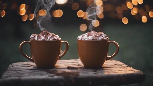 Steaming mugs of hot chocolate on a cool September evening outdoor Tapeta [f4fd70d08a1943f3ae34]